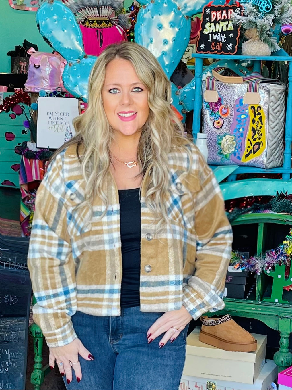 Tan Plaid Crop Shacket